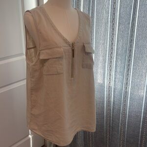 Ellen Tracy Linen Oatmeal Tan Cream Blouse sleeveless gold xl